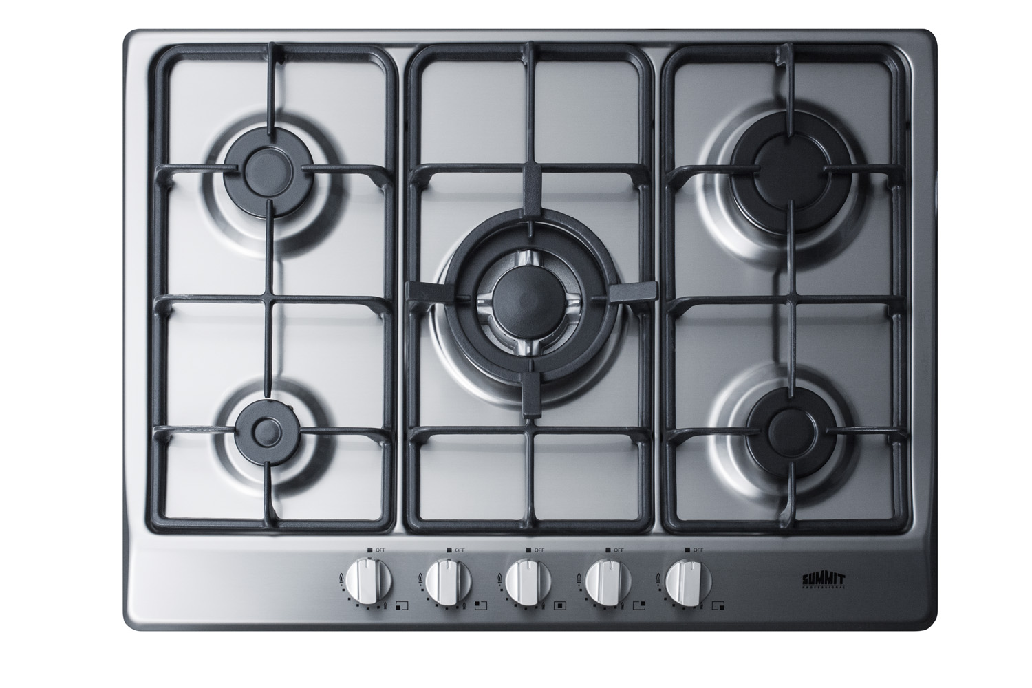 5-burner gas cooktop made in Italy in a stainless steel finish with sealed burners, cast iron grates, and wok stand; fits standard 24